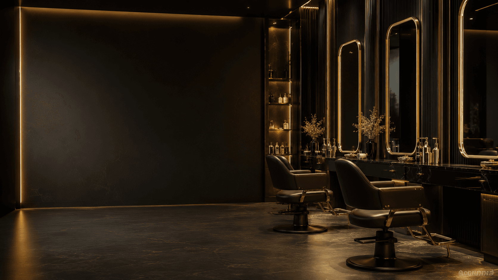 Luxury black and gold salon interior at Manna Hair & Beauty